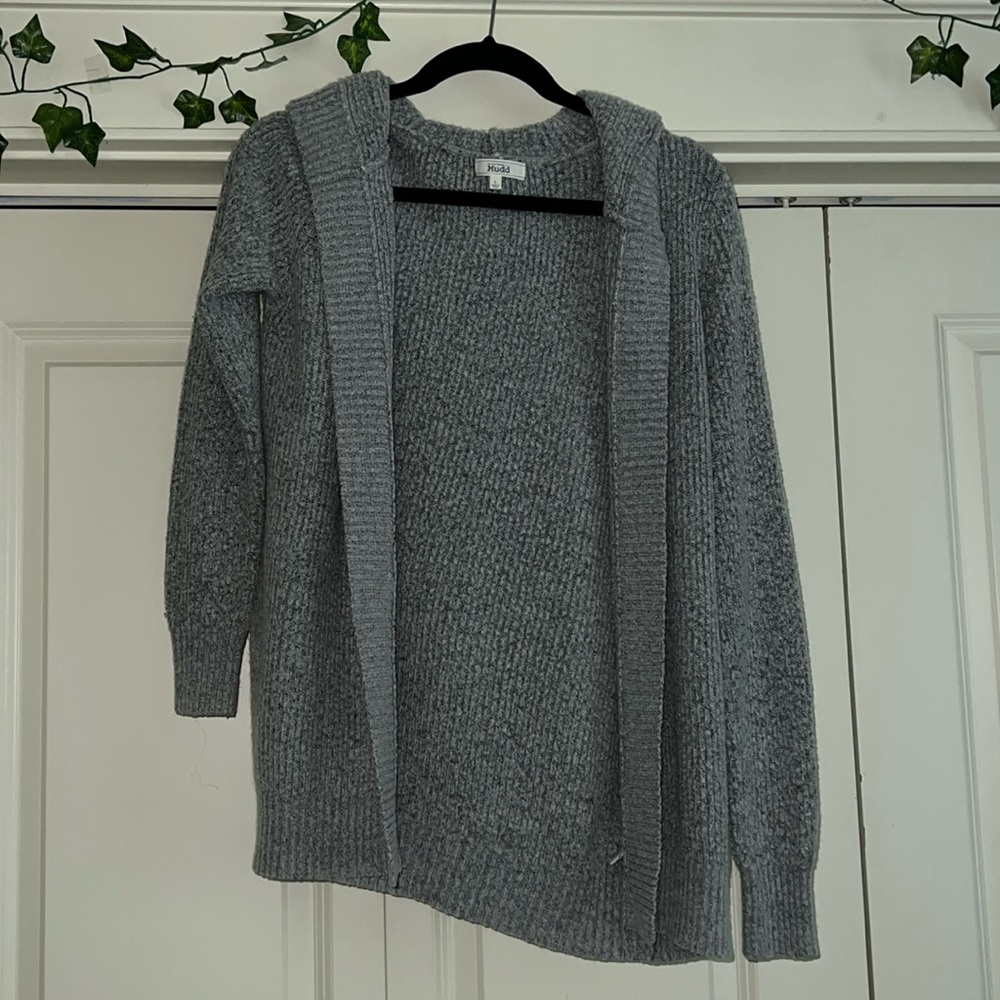 Gray, ribbed, hooded cardigan
